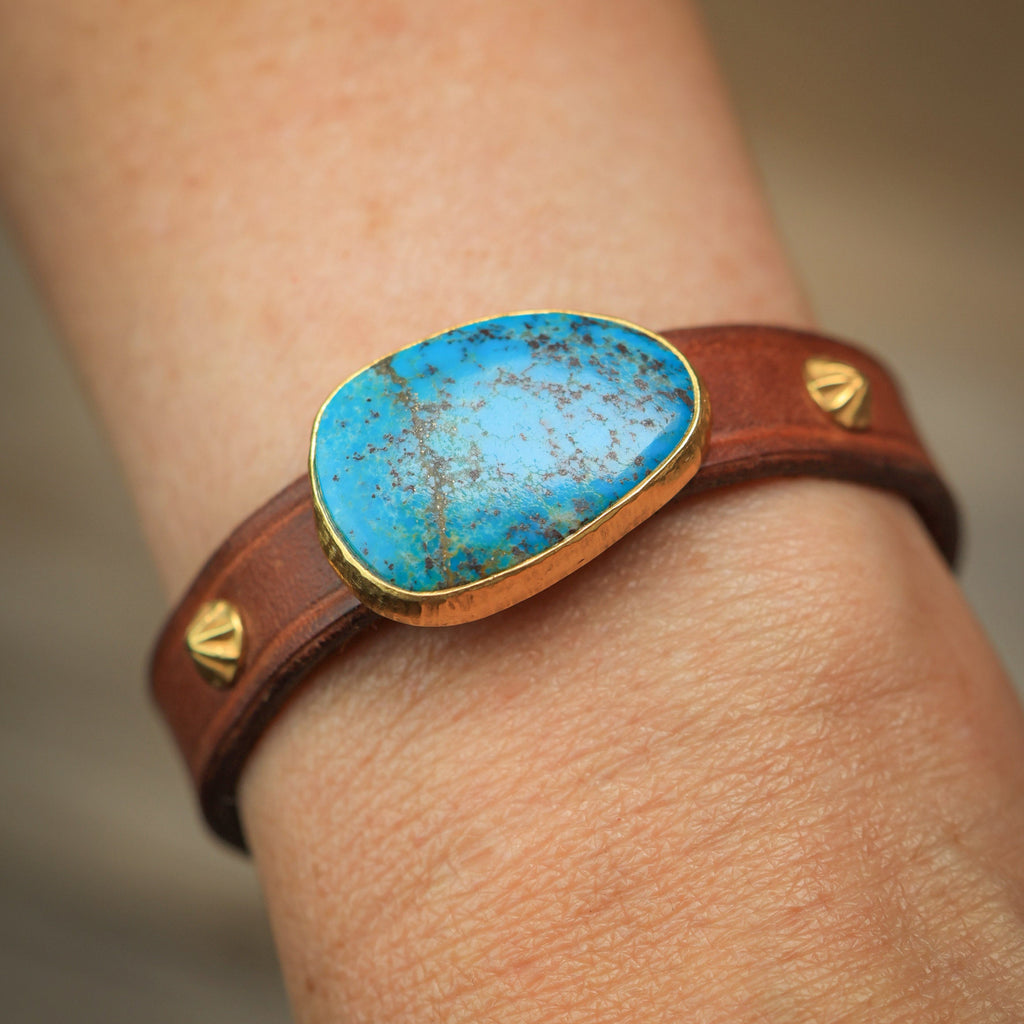 Horse Tack Leather Bracelet with 24k Vermeil and Kingman Turquoise