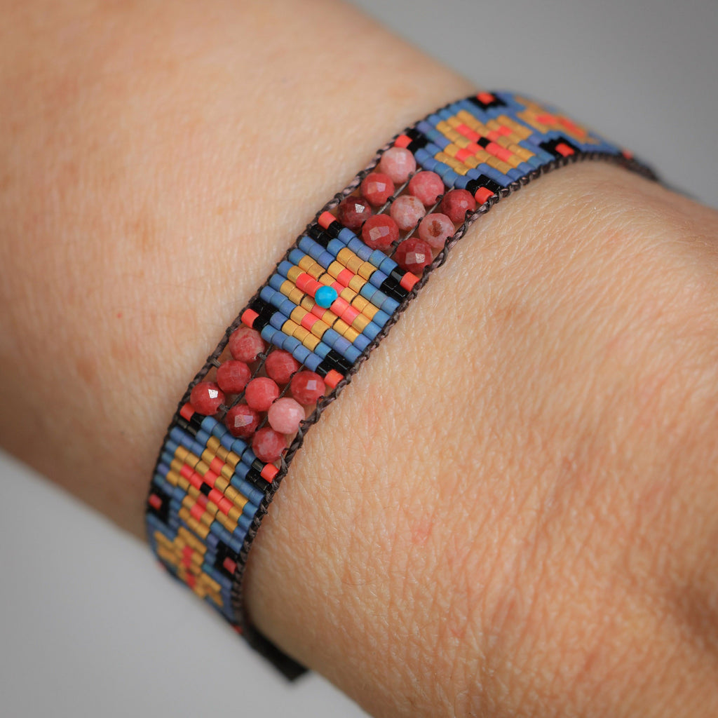 Red and Blue Cruces Bracelet with Rhodochrosite