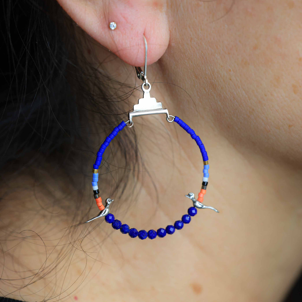 Small Hoops with Silver Birds and Lapis