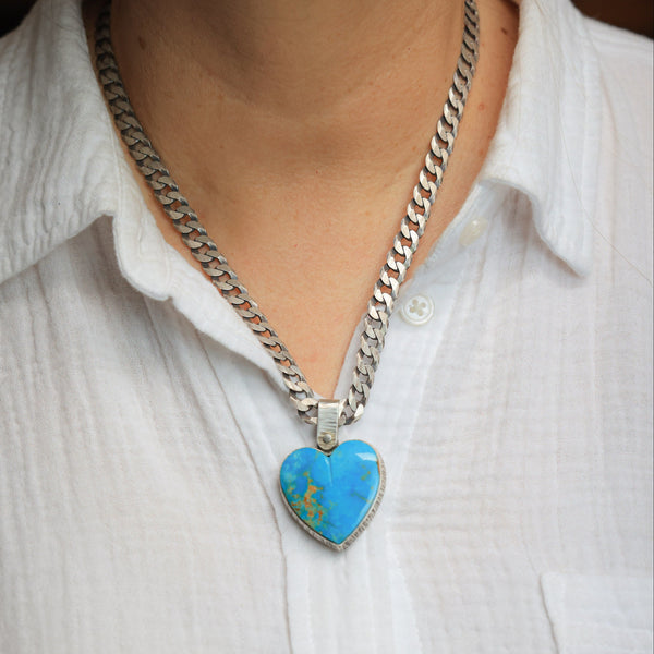 Kingman Turquoise Heart Necklace with Curb Chain