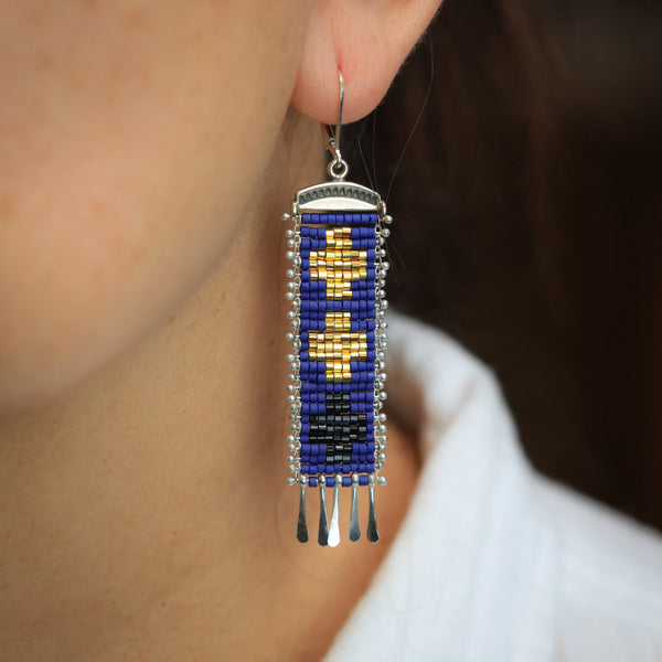 Long Golondrinas Earrings in Blue and Black
