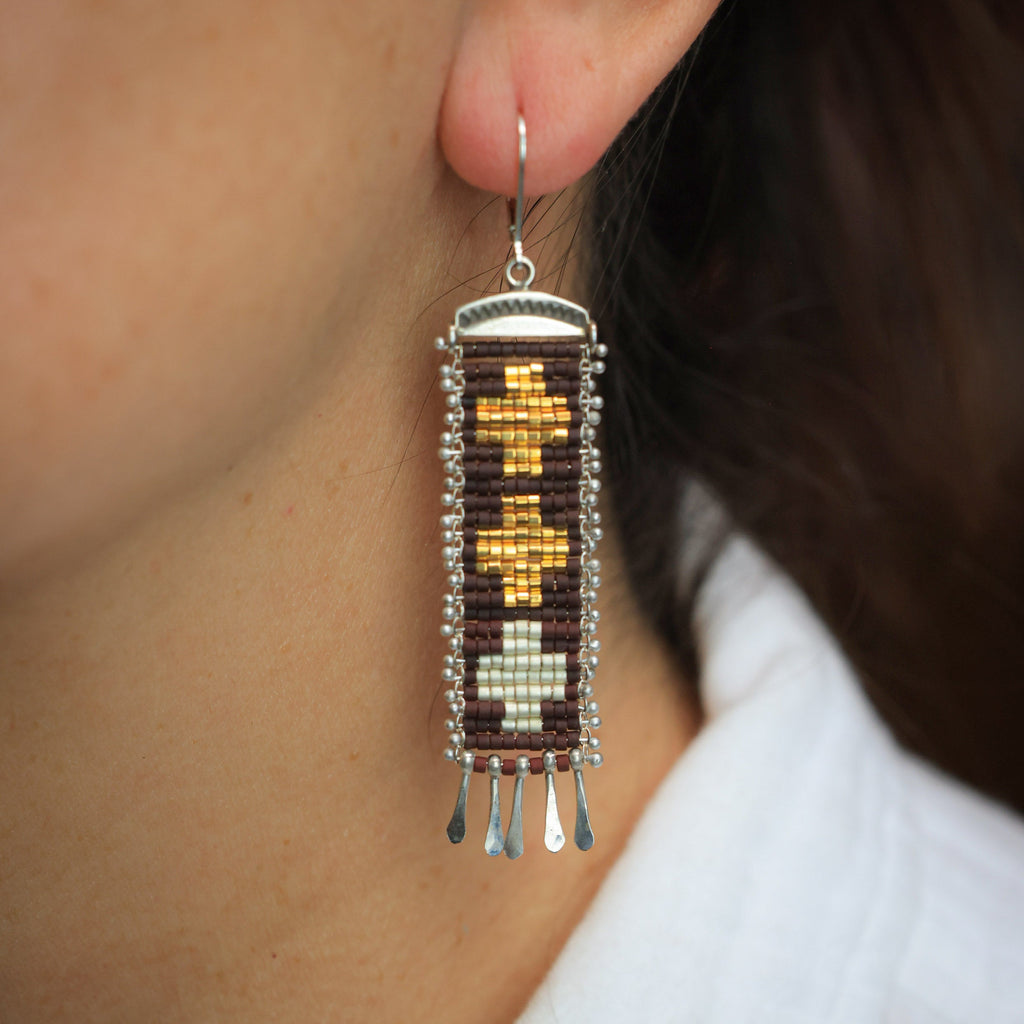 Long Golondrinas Earrings in Brown and White