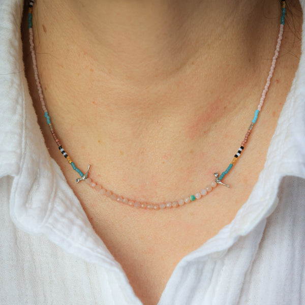 Little Birds Necklace with Peach Moonstone