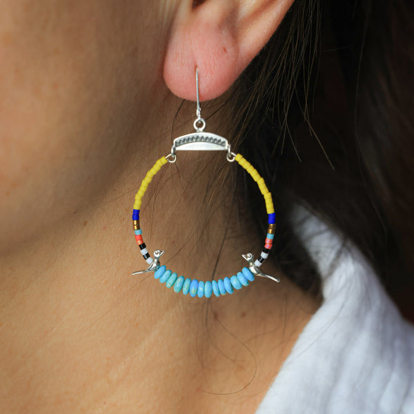 Small Hoops with Silver Birds and Turquoise
