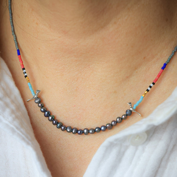 Little Birds Necklace with Black Pearl