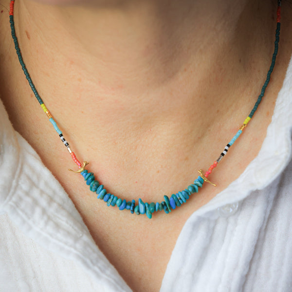 Little Birds Necklace with Turquoise Chip in 24k Vermeil