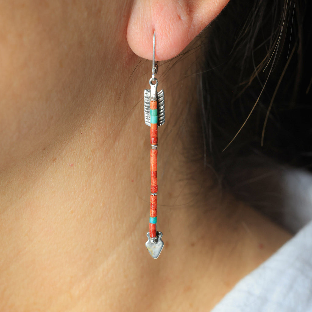 Twin Arrows Earrings with Apple Coral