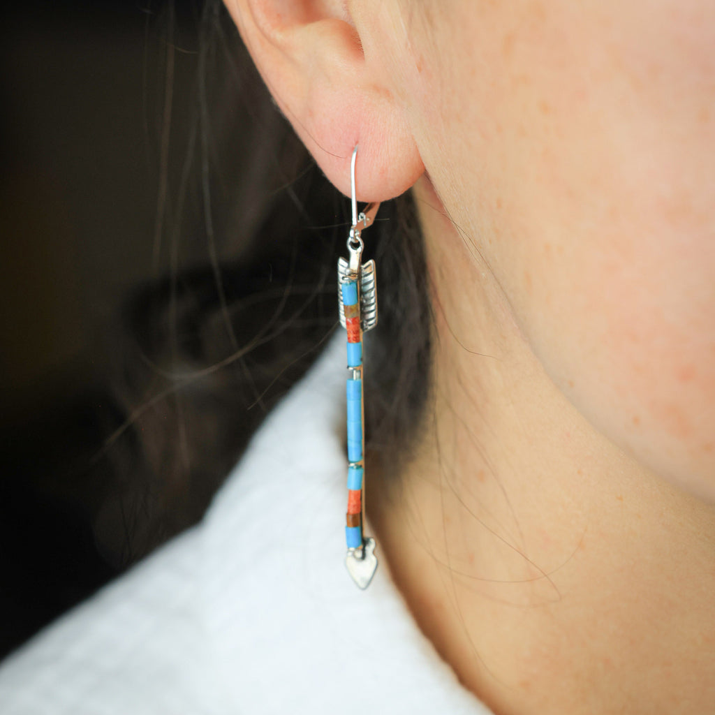 Twin Arrows Earrings with Sleeping Beauty Turquoise & Apple Coral
