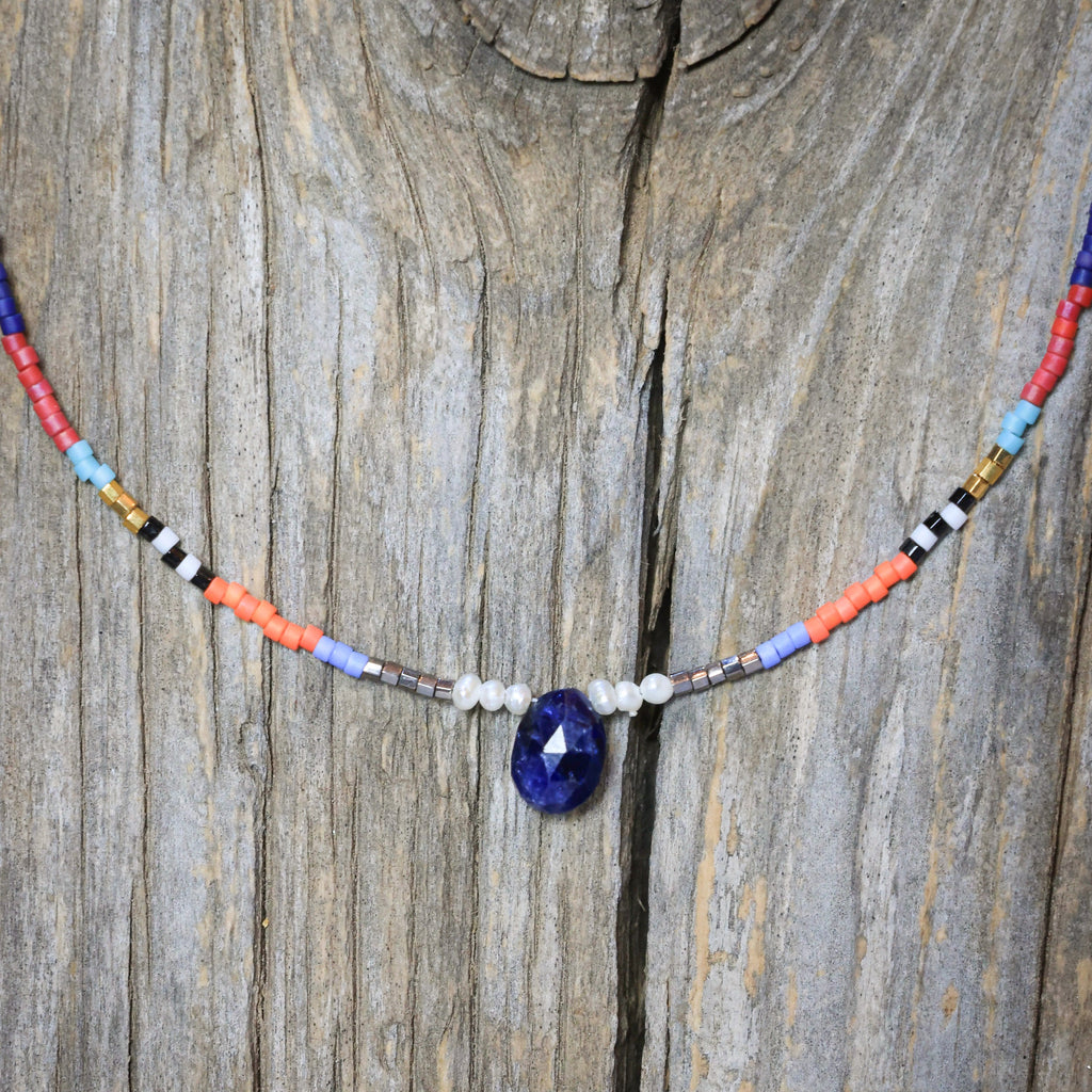 Seed Bead Necklace with Sapphire