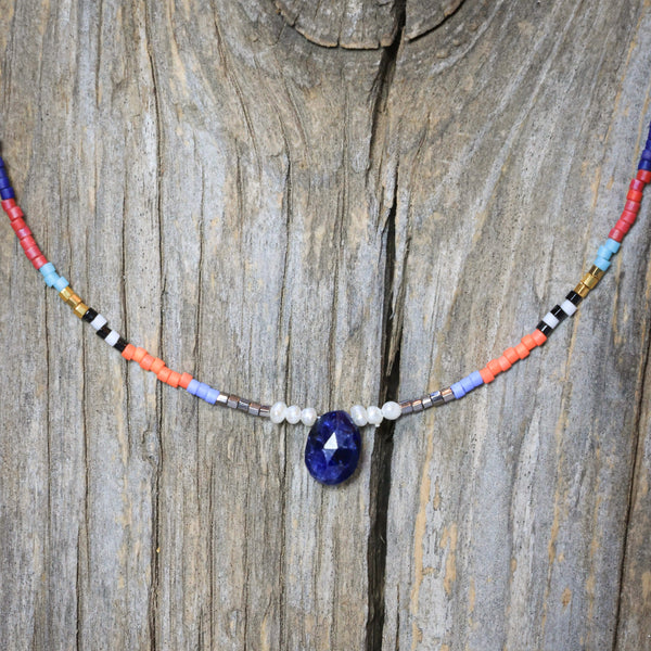 Seed Bead Necklace with Sapphire