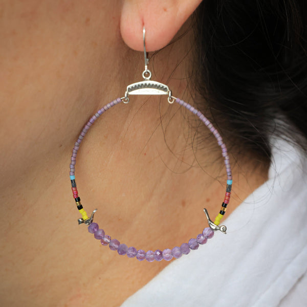 Hoops with Silver Birds and Amethyst