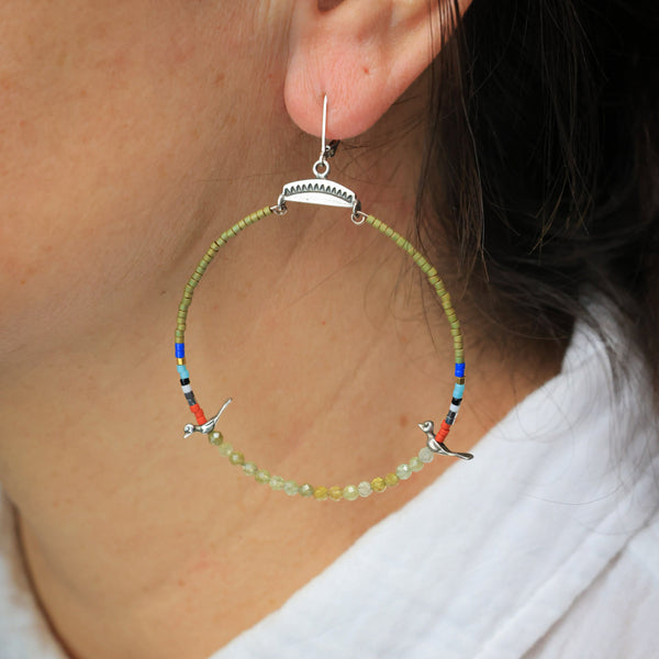 Hoops with Silver Birds and Green Garnet