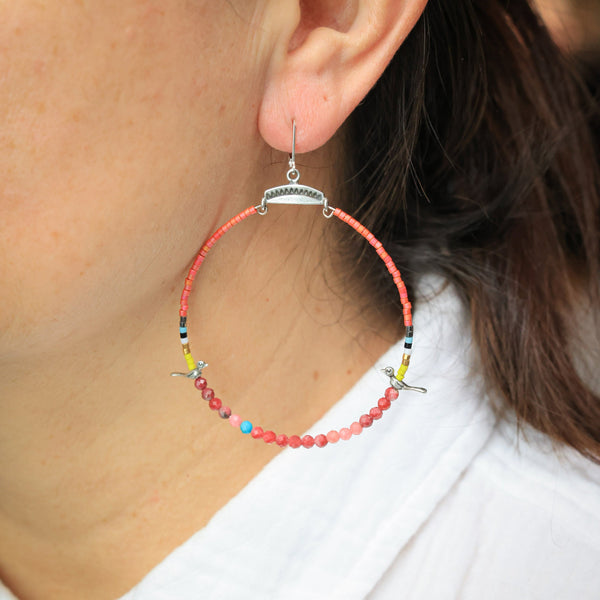 Hoops with Silver Birds and Rhodochrosite