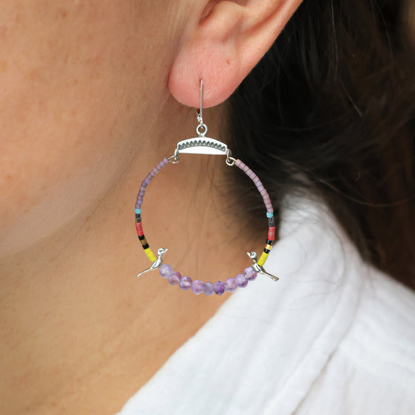 Small Hoops with Silver Birds and Amethyst