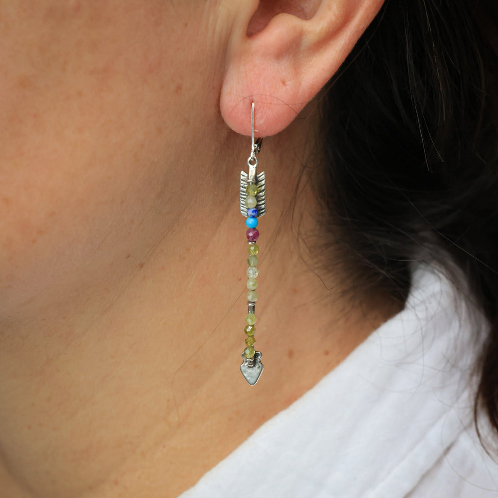 Twin Arrows Earrings with Green Garnet