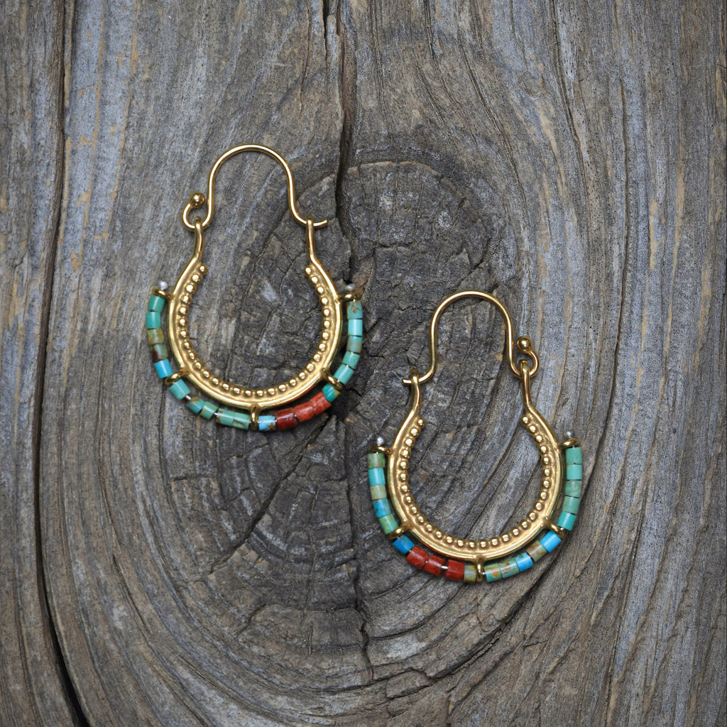Arco Earrings with Turquoise, Apple Coral, and 24k vermeil