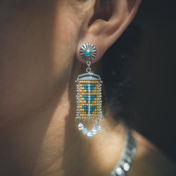Teal and Gold Sacred Peak Post Earrings with Paillettes