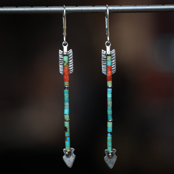 Twin Arrows Earrings with Elisa Turquoise and Apple Coral