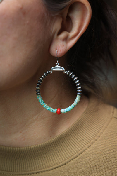 Hoops with Green Turquoise and Silver Saucer Beads