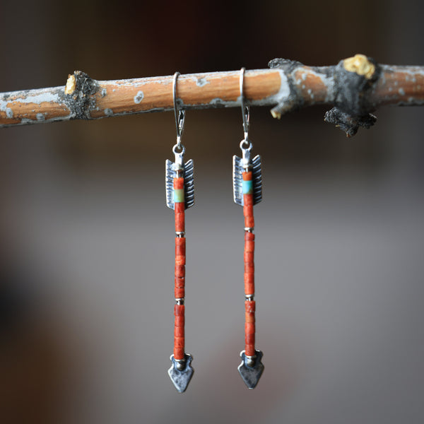 Twin Arrows Earrings with Apple Coral and Kingman Turquoise