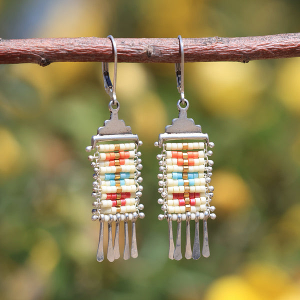 Mini Sacred Peak Earrings in Butter Yellow with orange/blue/red