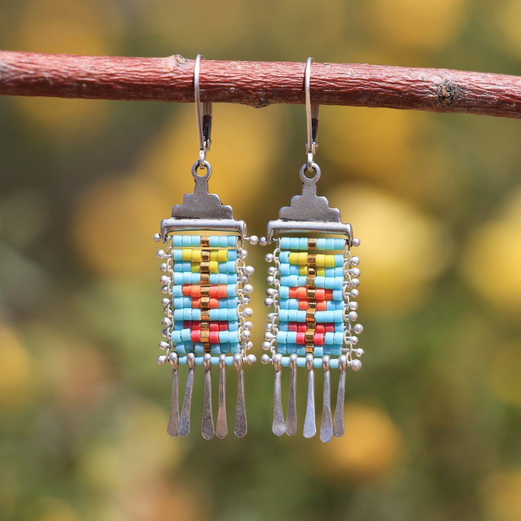 Mini Sacred Peak Earrings in Blue with yellow/orange/red