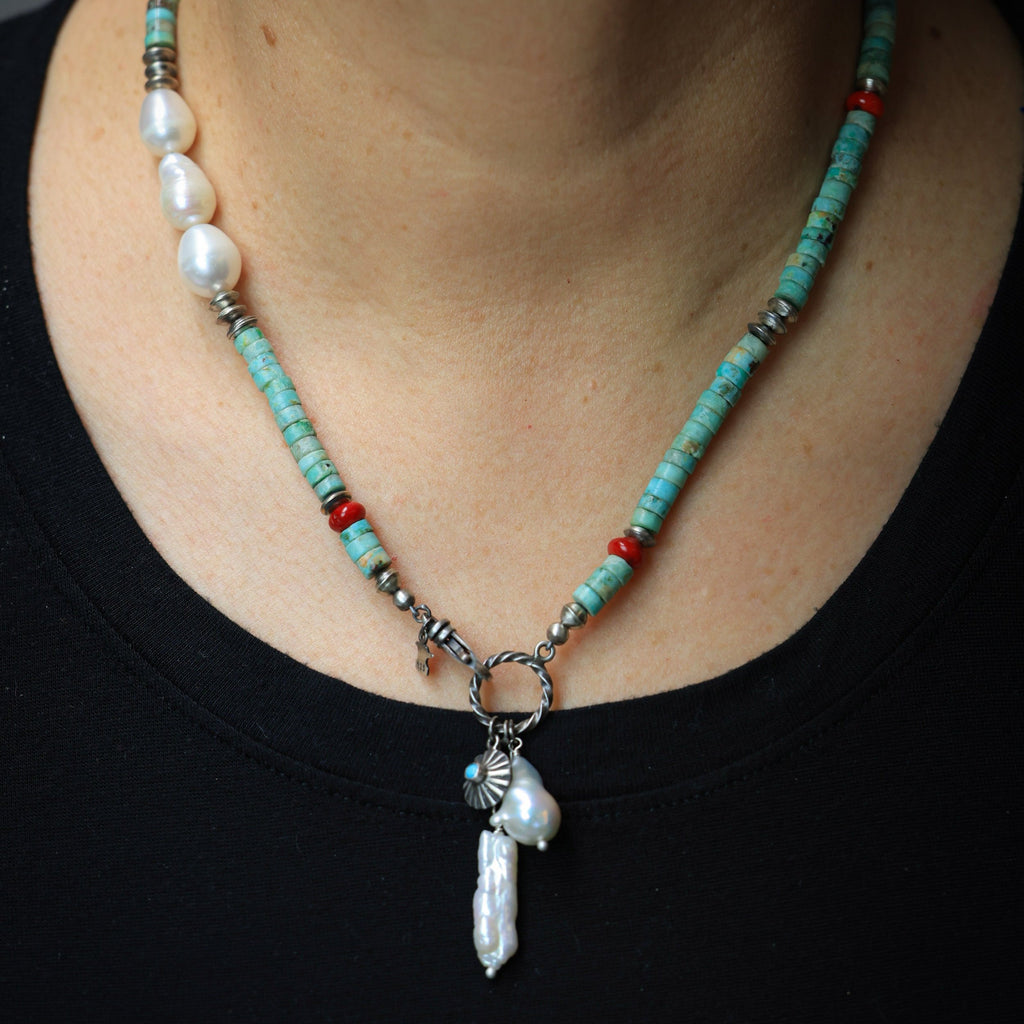 Treasure of the Sea and Sky Charm Necklace with Heishi Cut Turquoise