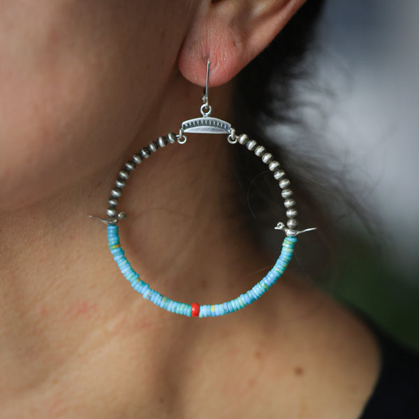 Bird Hoops with Turquoise and Sea Bamboo Beads