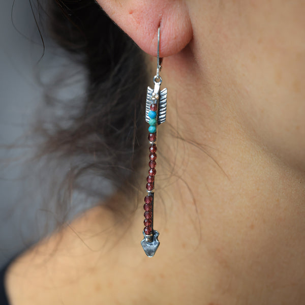 Twin Arrows Earrings with Garnet and Turquoise