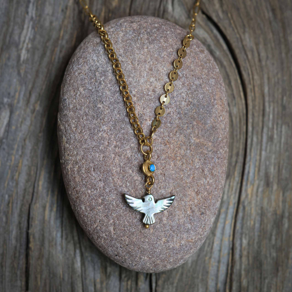 Mixed Chain Black Mother of Pearl Bird Necklace in 24k Vermeil #1