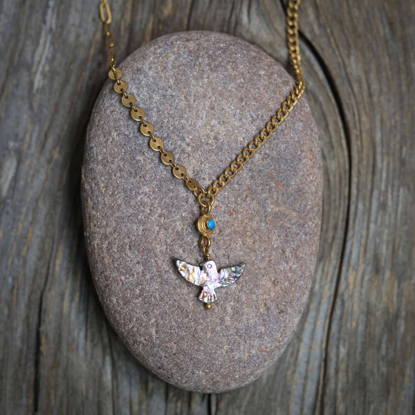 Mixed Chain Black Mother of Pearl Bird Necklace in 24k Vermeil #2