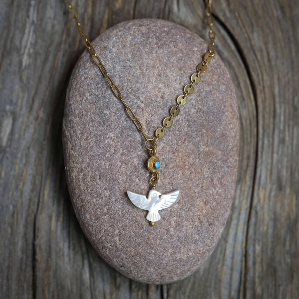 Mixed Chain Mother of Pearl Bird Necklace in 24k Vermeil