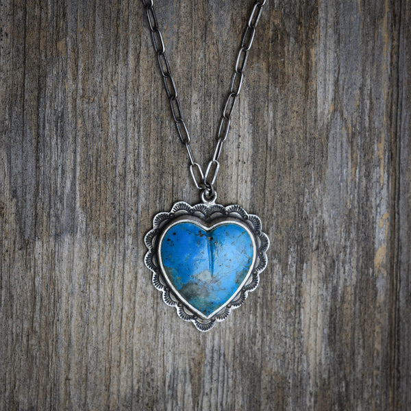 Kingman Turquoise Stamped Heart Necklace