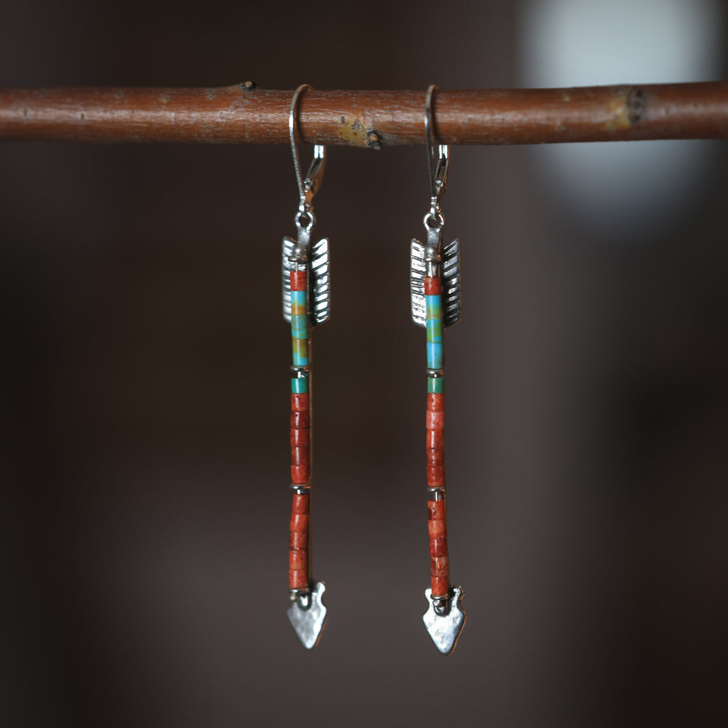 Twin Arrows Earrings with Apple Coral and Kingman Turquoise