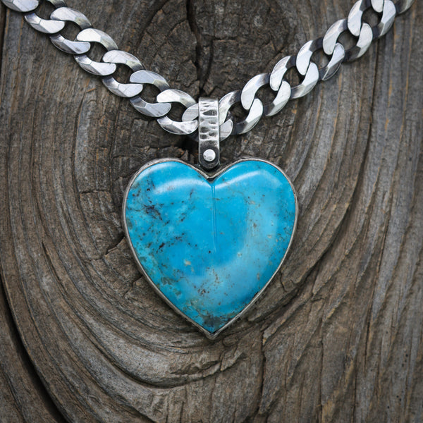 Kingman Turquoise Heart Necklace #3 with Curb Chain