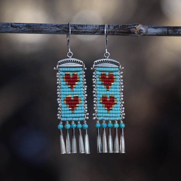 Two Red Hearts Earrings with Turquoise