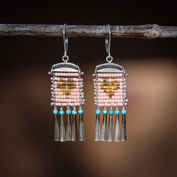 Pink and Gold Heart Earrings with Turquoise