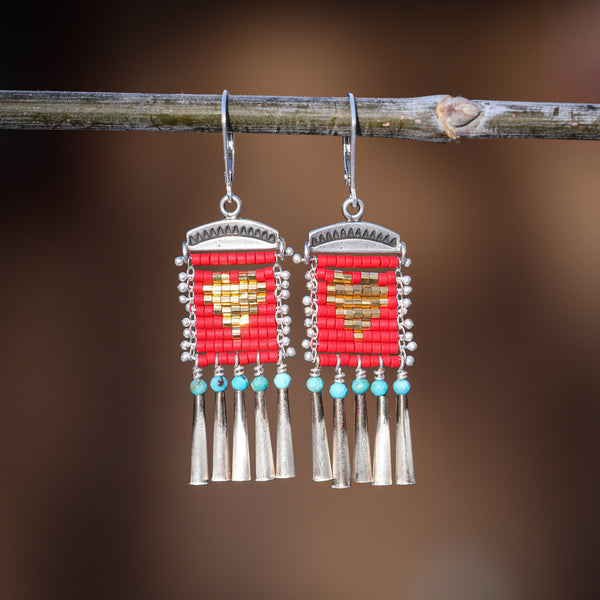 Red and Gold Heart Earrings with Turquoise