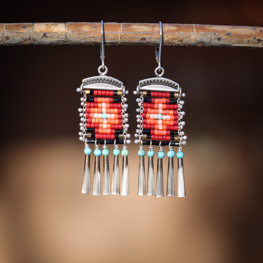 Short Red Sky Cruces Earrings with Turquoise