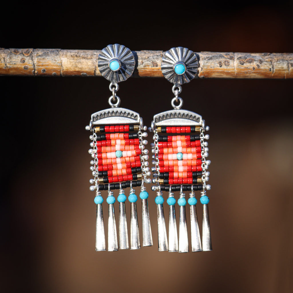 Short Red Sky Cruces Post Earrings with Turquoise