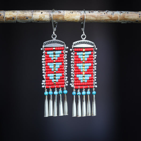 Red and Blue Sacred Peak Earrings with Turquoise