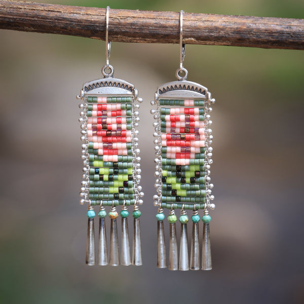 Rosas Earrings in Green with Turquoise (ear wire or post)