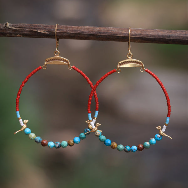 Hoops with Silver Birds and Turquoise in 24k vermeil