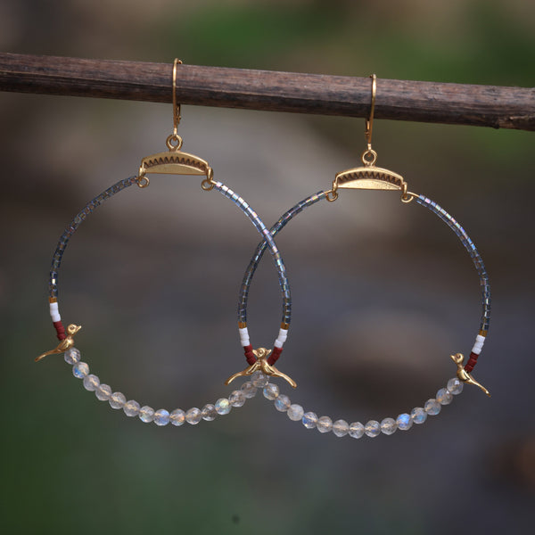 Hoops with Silver Birds and Labradorite in 24k vermeil