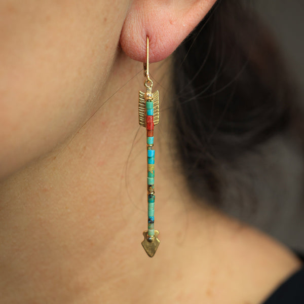 Twin Arrows Earrings with Turquoise & Apple Coral 24k vermeil