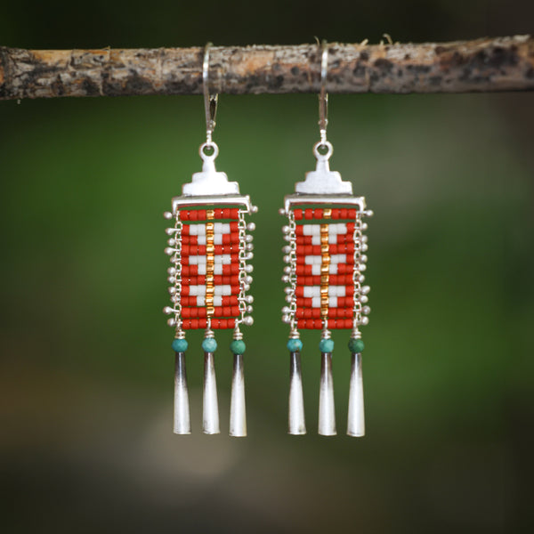 Red and White Mini Sacred Peak Earrings with Turquoise