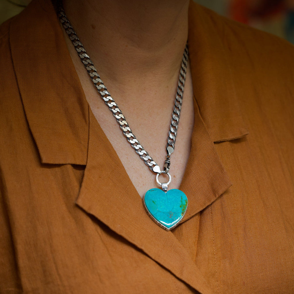 Kingman Turquoise Heart Necklace with Curb Chain