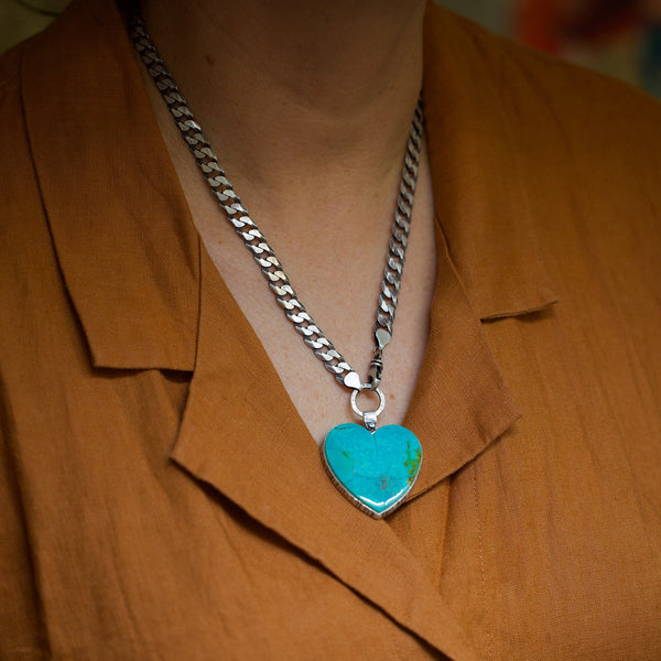 Kingman Turquoise Heart Necklace with Curb Chain