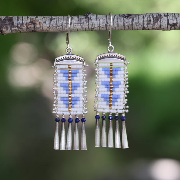 White and Periwinkle Sacred Peak Earrings with Lapis (ear wire or post)