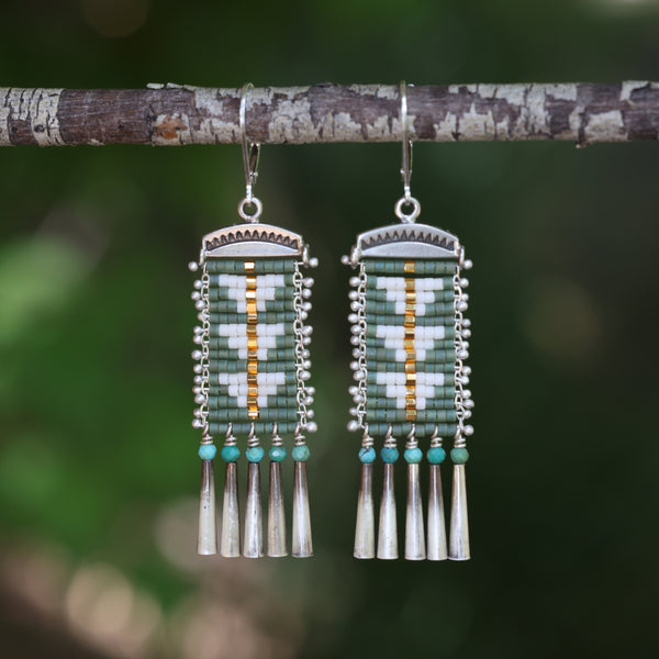 Olive Green and White Sacred Peak Earrings with Turquoise (ear wire or post)